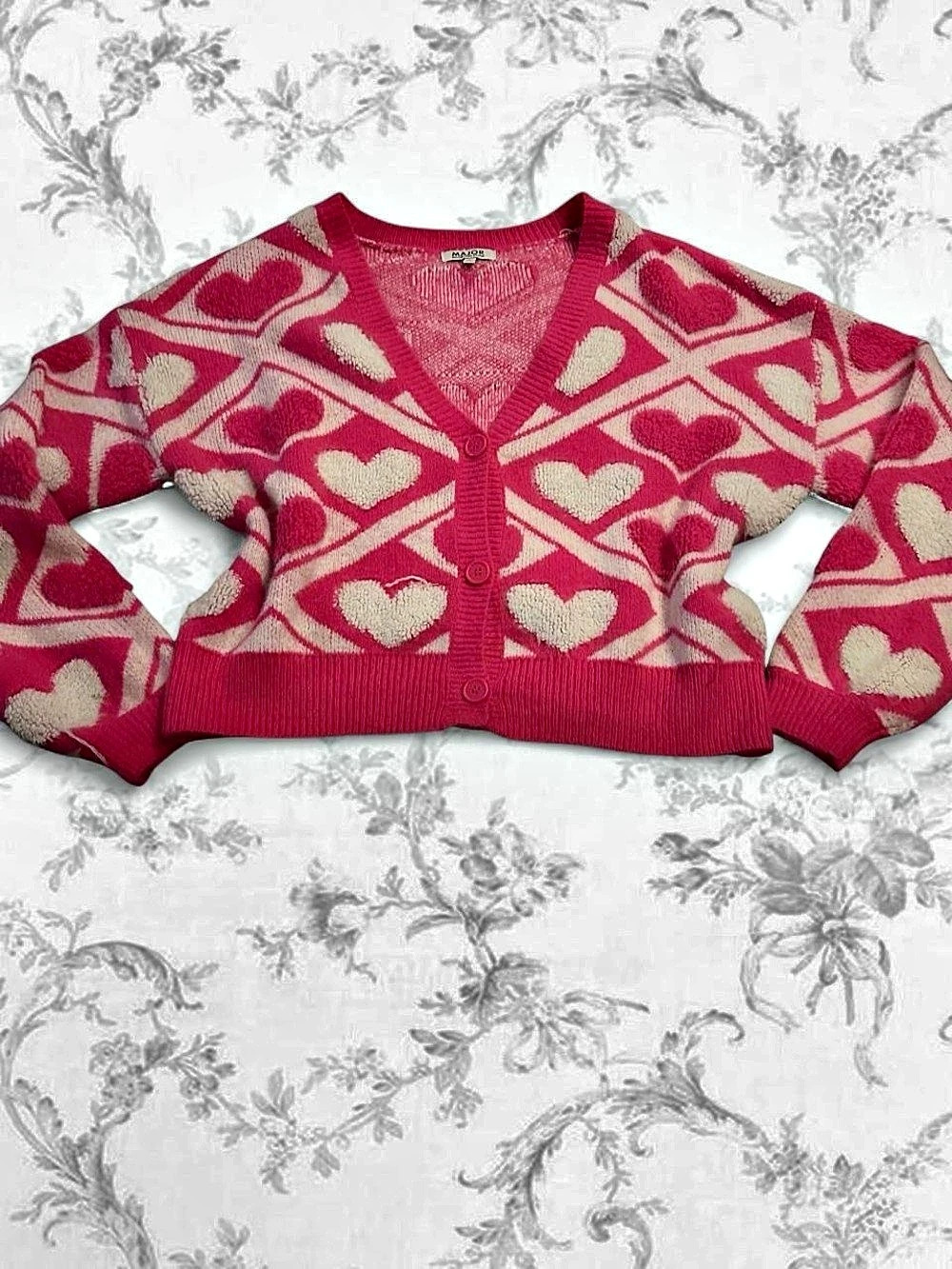 MAJOR Heart Pattern Cardigan in Pink & Cream Size S
